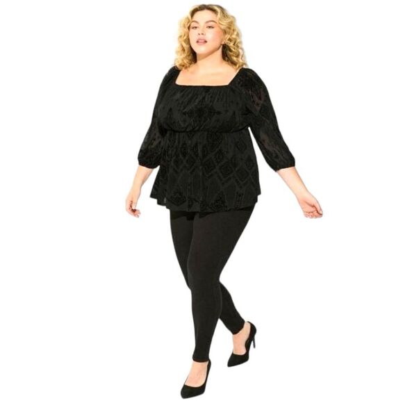 TORRID Flocked Black Mesh Square Kneck Puff Sleeve Phesant Top. 2X - Picture 7 of 16